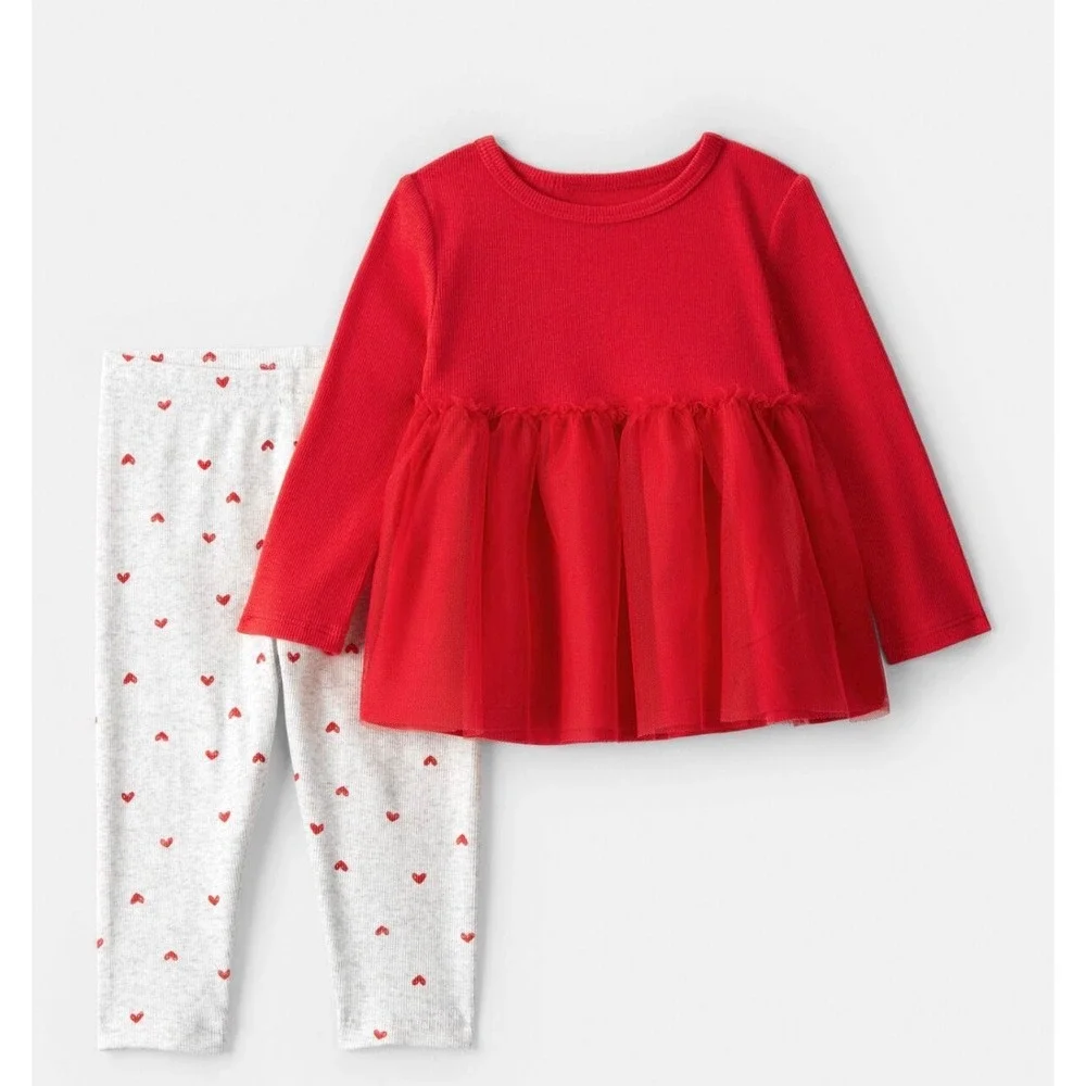 Carter's  Baby Girl Red Tulle Tunic and Heart Print Leggings Set